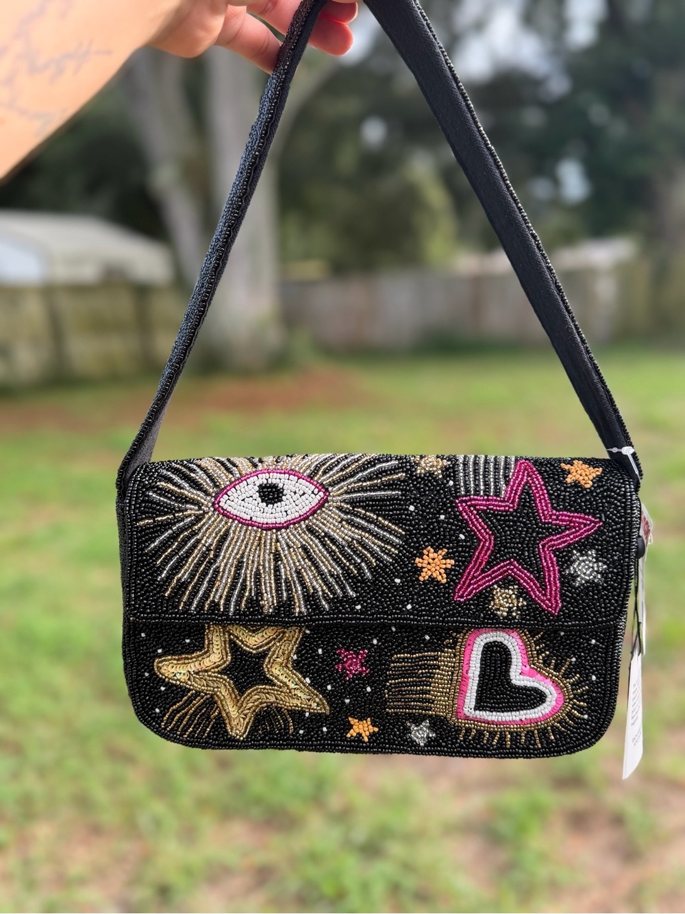 Viral Tj maxx Beaded Black Star & Heart Shoulder Bag - Picture 2 of 4